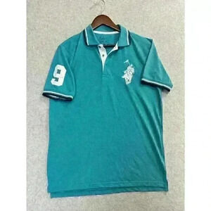 Men’s Polo Franky Max Shirt Big Pony Number 9 Size XL Teal White Ringer Collared